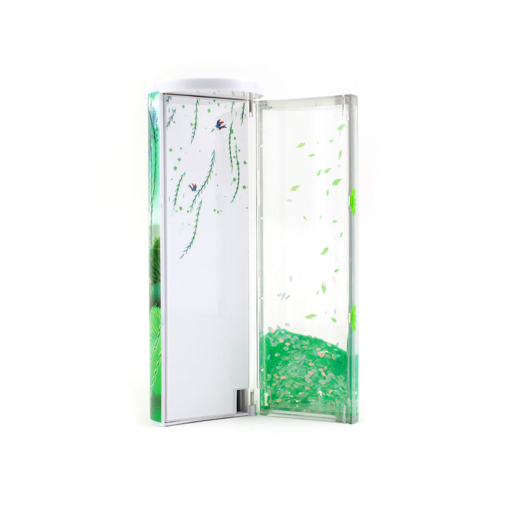 open view of the Reindeer tubular pencil case with removable calculator, mini whiteboard and mirror