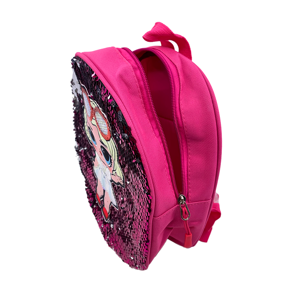 Pink Doll Sequins Mini Backpack in Hot Pink - top view with zipper undone
