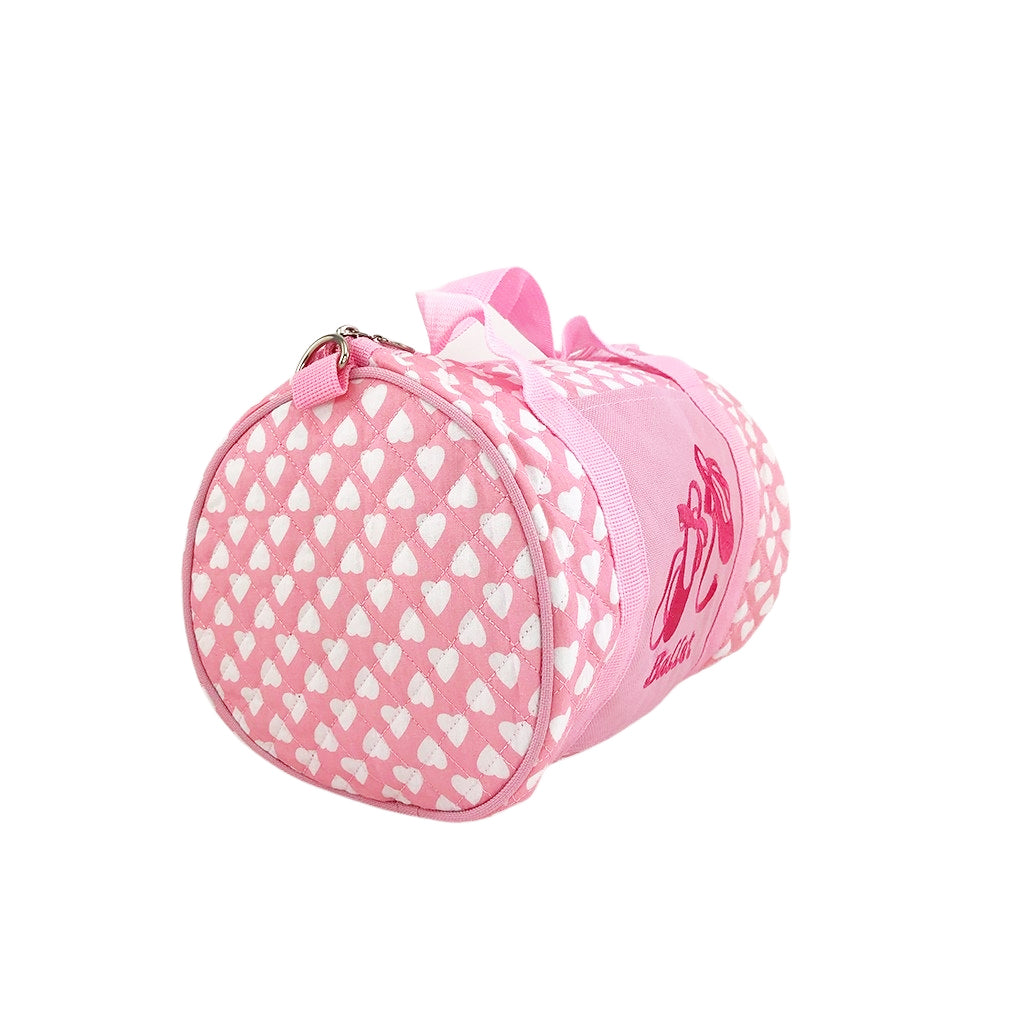 Ballet dance bag angled with special ballet design details and pink handles and rings to attach straps