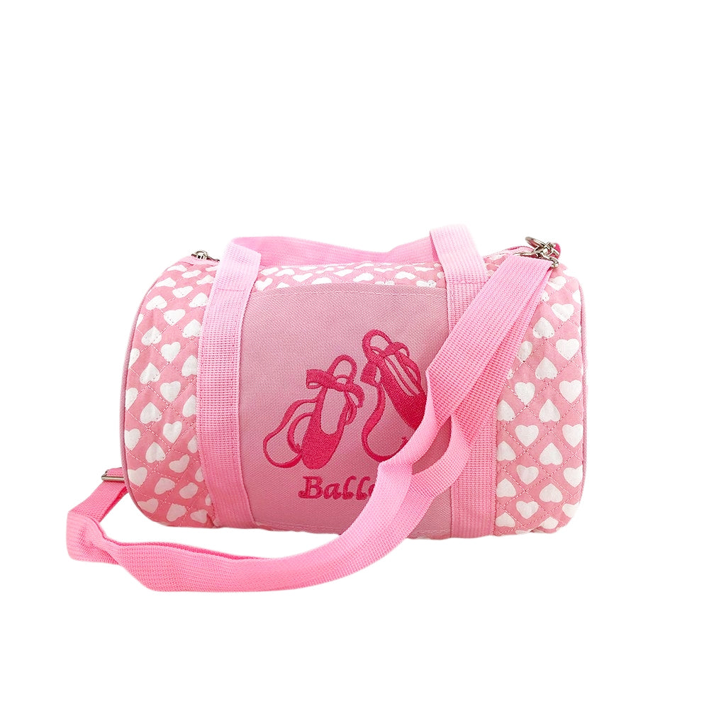 Ballet dance bag front view with special ballet design details, pink handles and detachable strap.