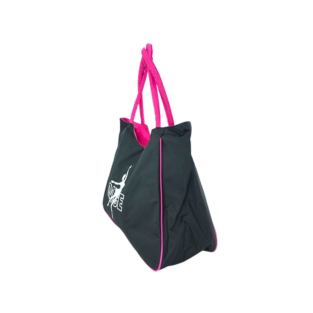 Dance tote bag angled view with pink handles