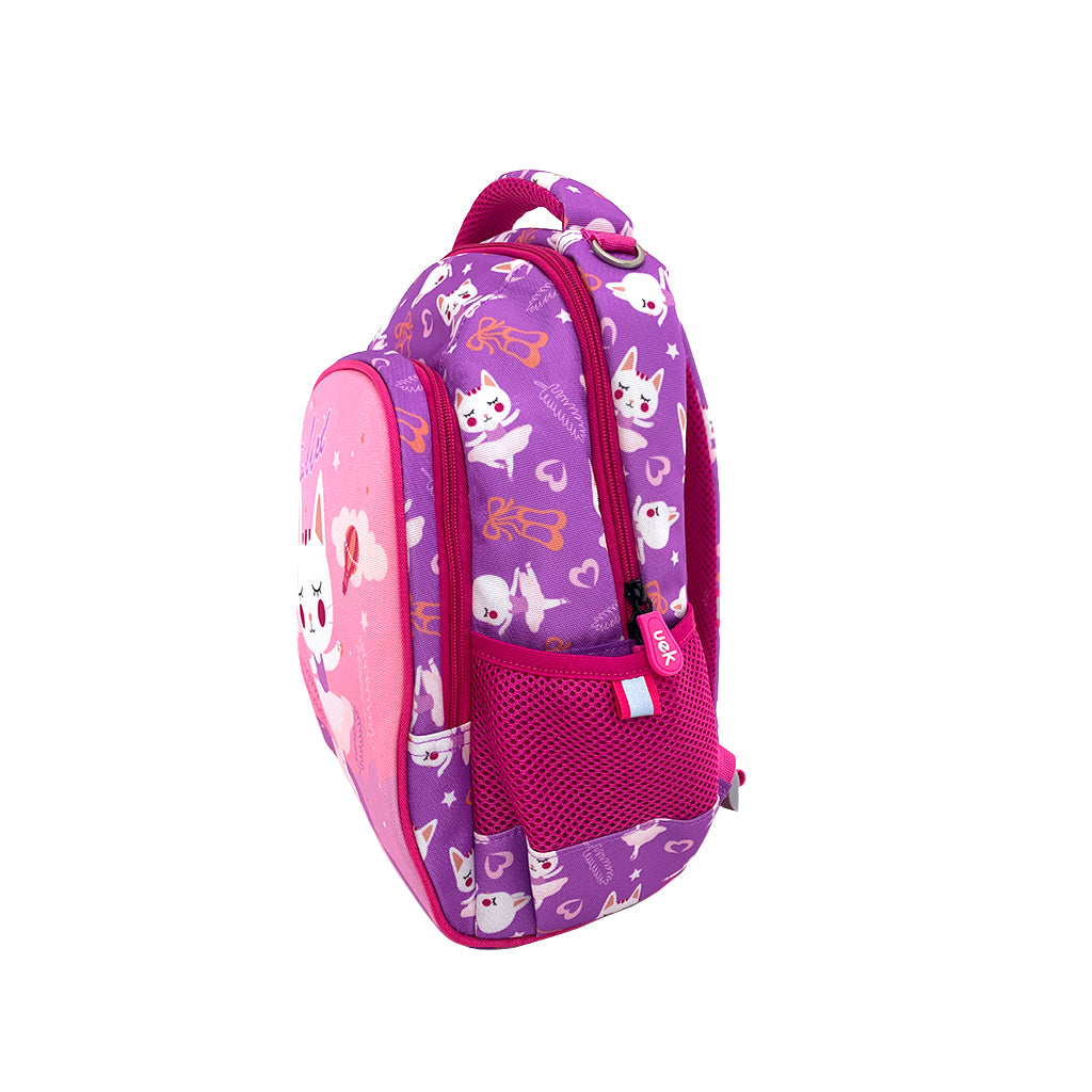 Ballet Bunny Backpack angles view with 2 compartment, pink zipper details and drink bottle holder