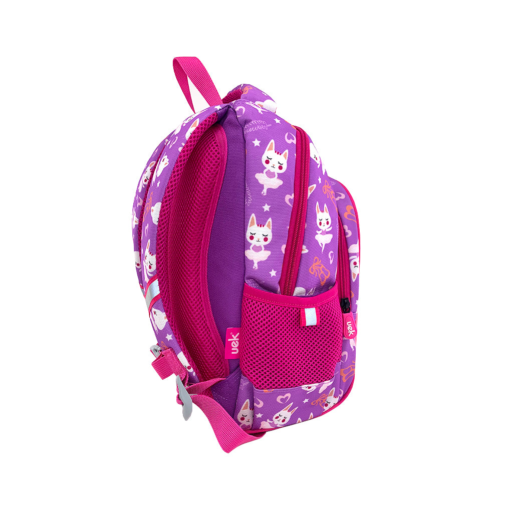 Ballet Bunny Backpack angles view with 2 compartment, pink zipper details and drink bottle holder