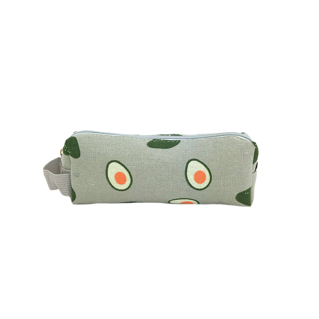 Canvas Avocado pencil case side view with fabric strap detail
