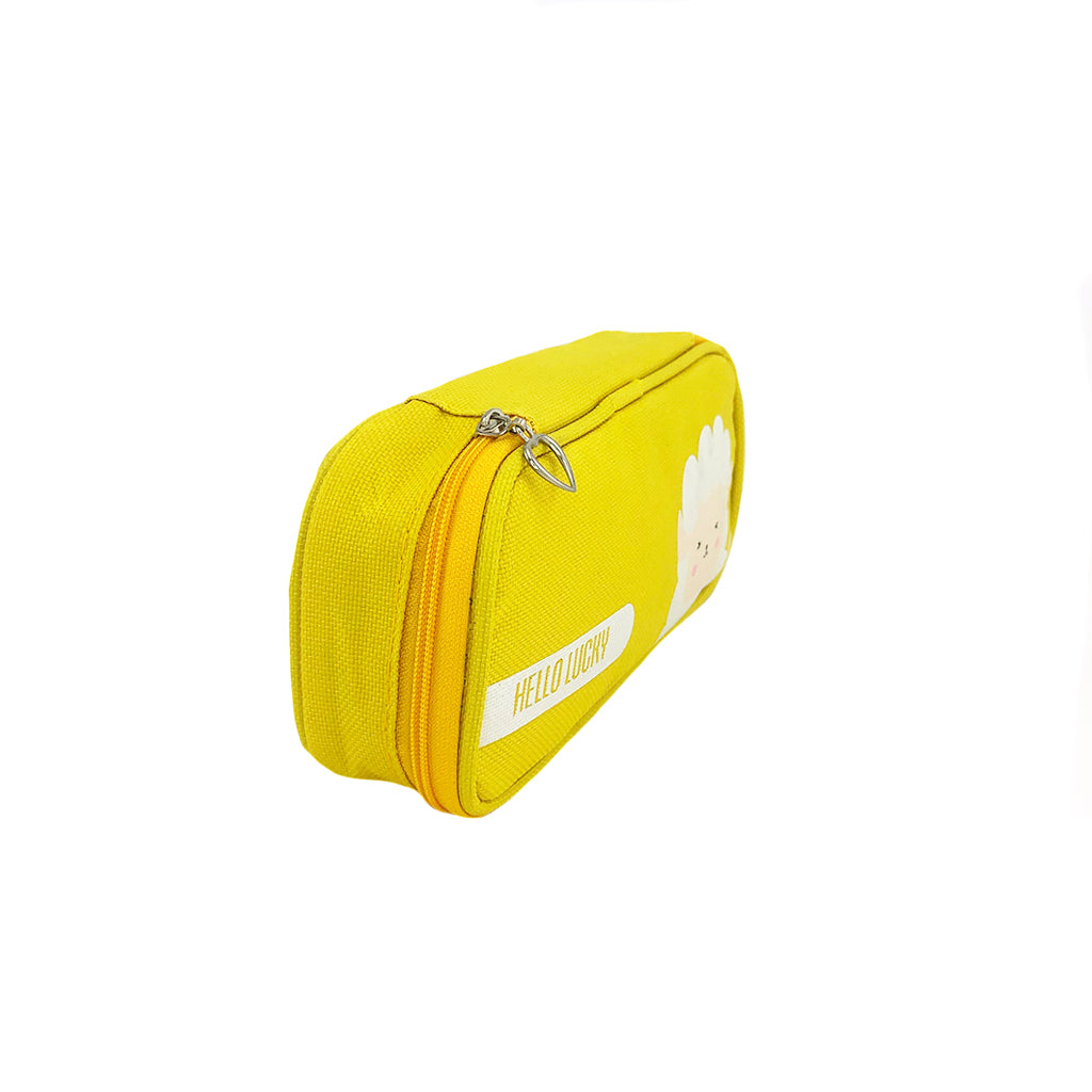 Lamb Canvas Pencil Case with one compartment angled view and heart zipper details.