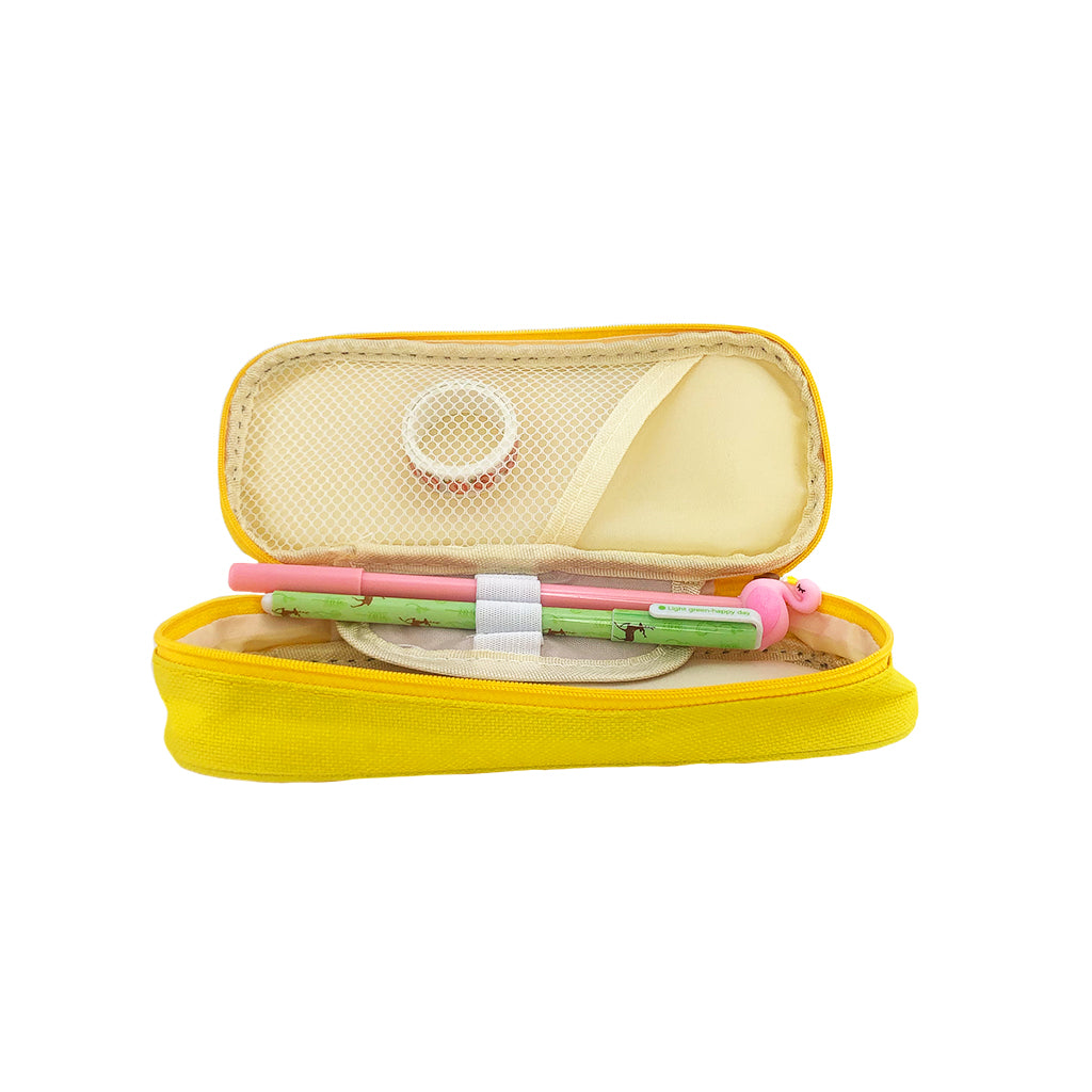 Lamb Canvas Pencil Case with one compartment inside details with pencil holders and mesh pocket