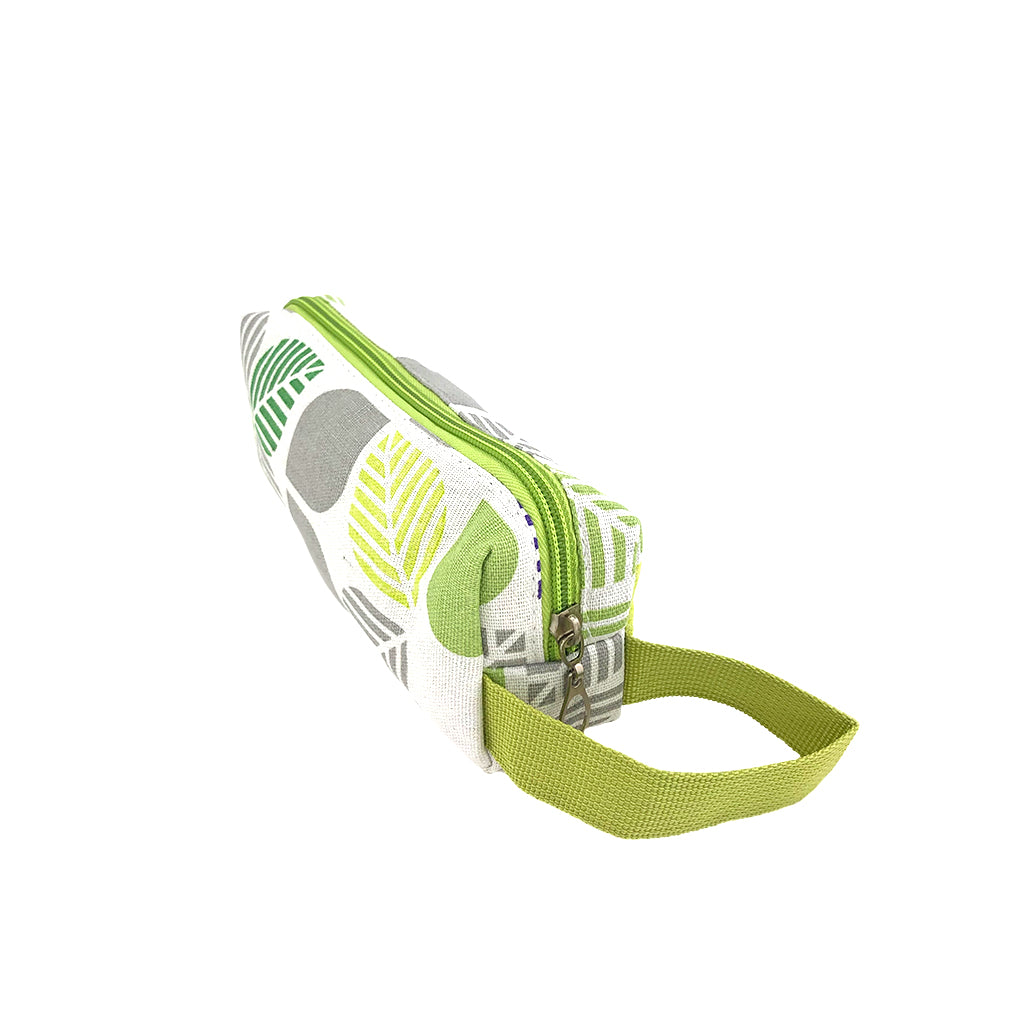 Canvas Green Leaves pencil case side view with fabric strap detail