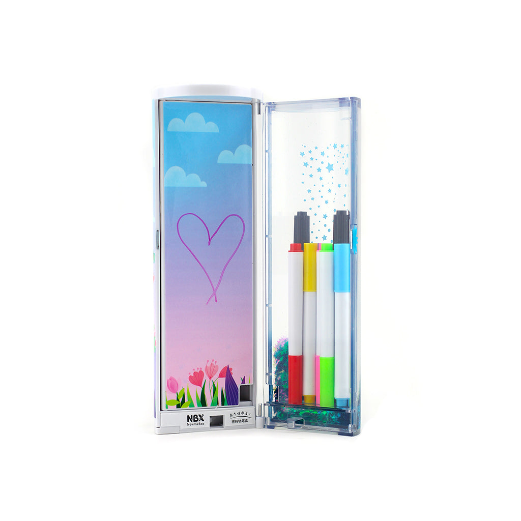 open view of the Kimi Cat tubular pencil case with secret code lock, removable calculator, mini whiteboard and mirror with coloured markers and heart drawn on the whiteboard side