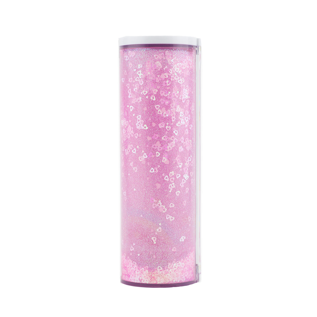 Closed back view of lockable multi-function, tubular pencil case showing the glitter and sparkles inside the back panel