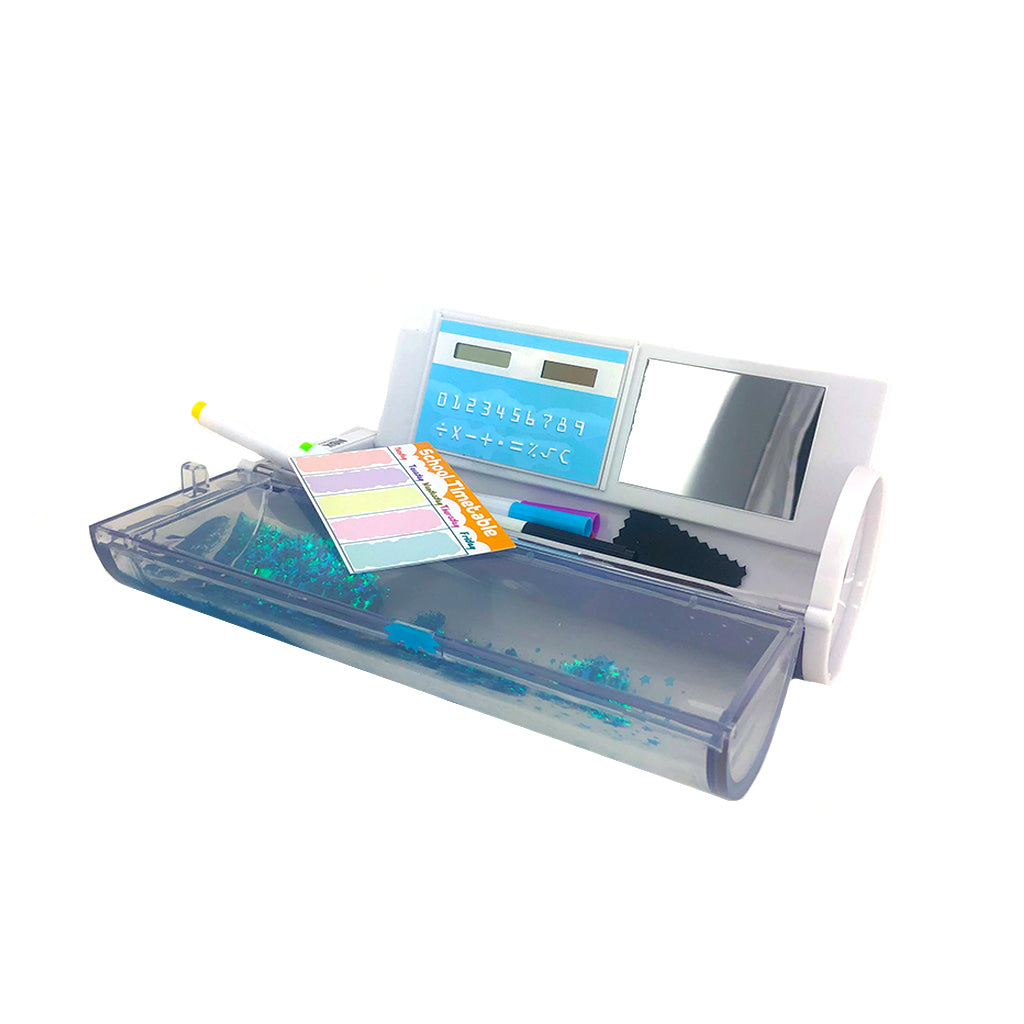Open view details of tubular pencil case with white board, mirror and calculator