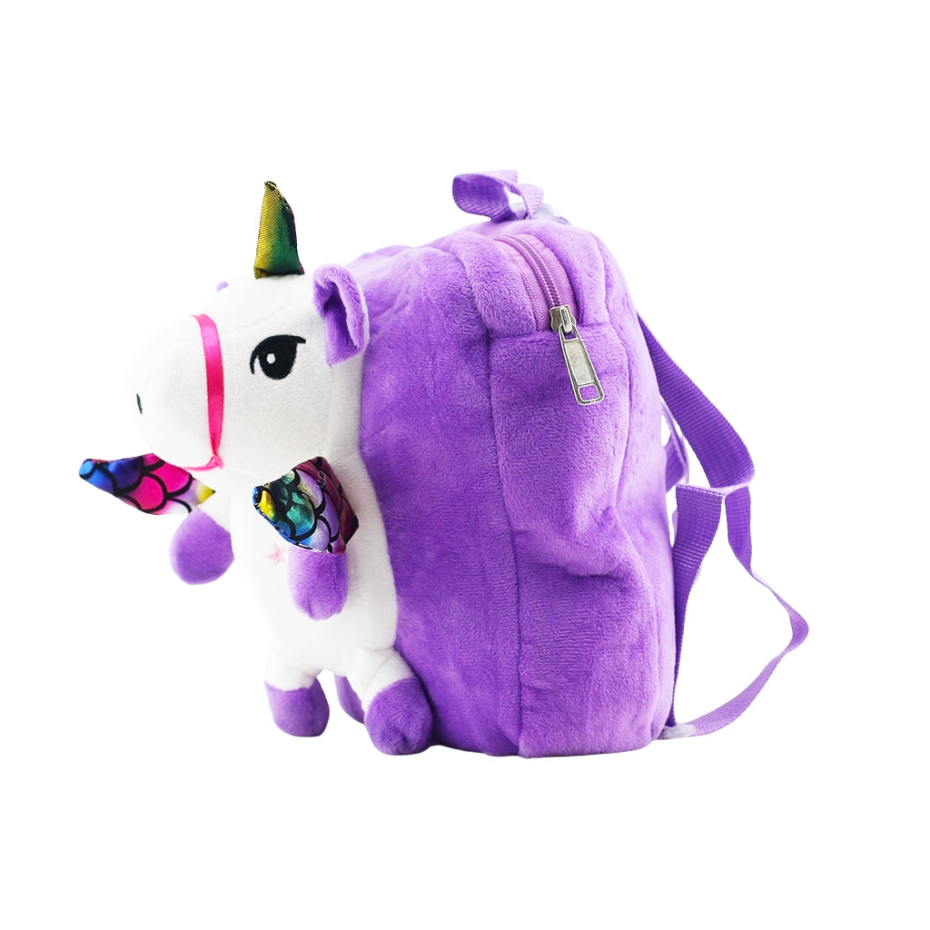 Plush Unicorn Backpack with one big compartment angled view