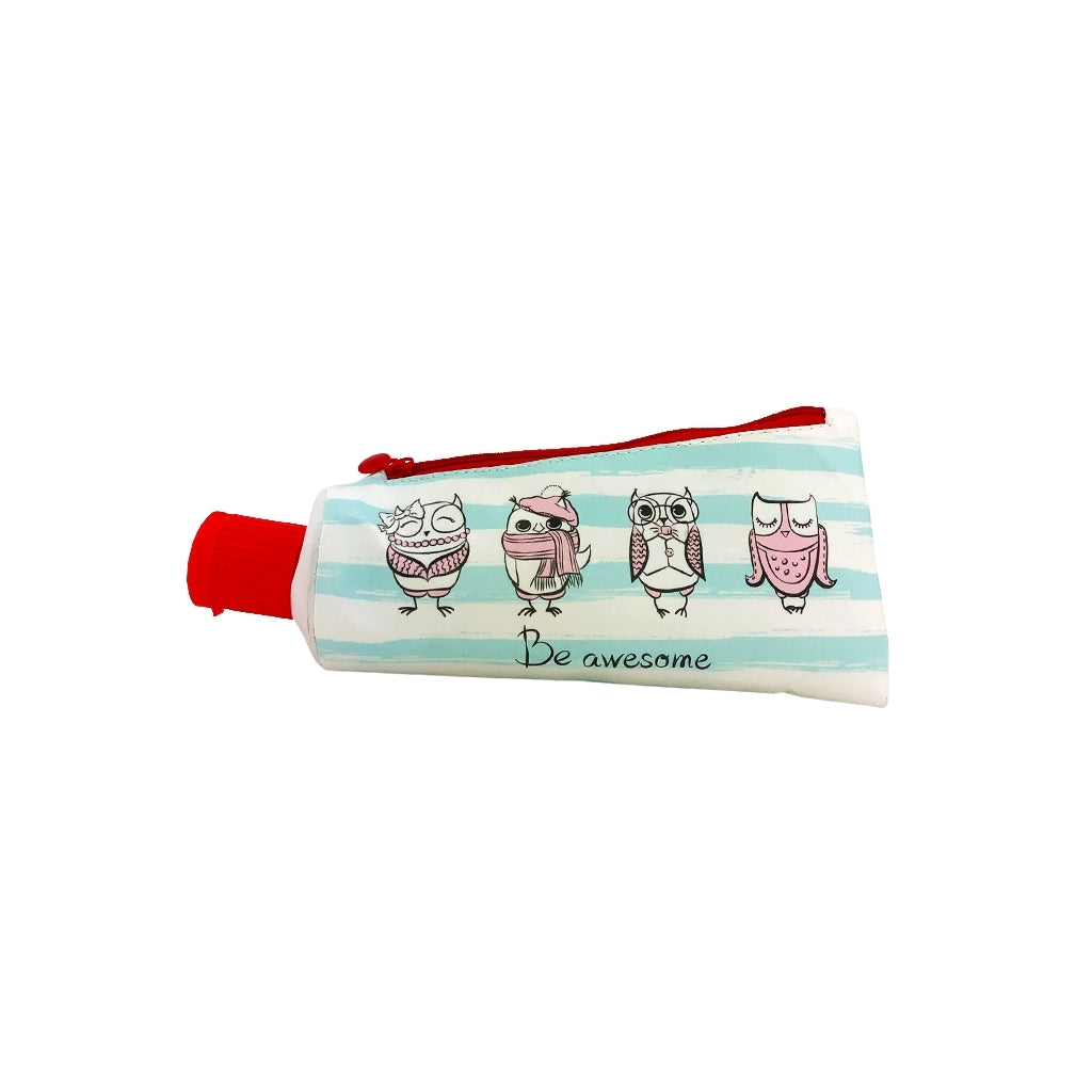 Owl Tube Pencil Case front on design. Pencil Case with one compartment and integrated pencil sharpener in the opening of the tube back view.