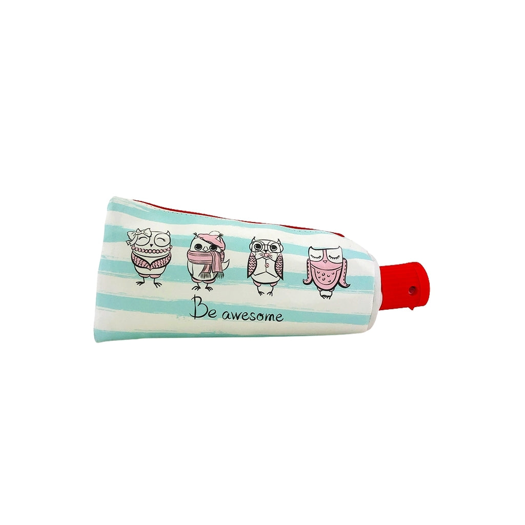 Owl Tube Pencil Case front on design. Pencil Case with one compartment and integrated pencil sharpener in the opening of the tube.