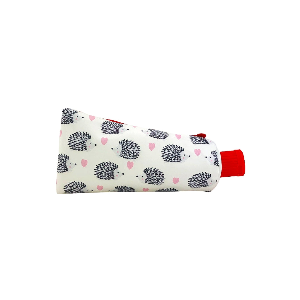 Hedgehog Tube Pencil Case front on design. Pencil Case with one compartment and integrated pencil sharpener in the opening of the tube.
