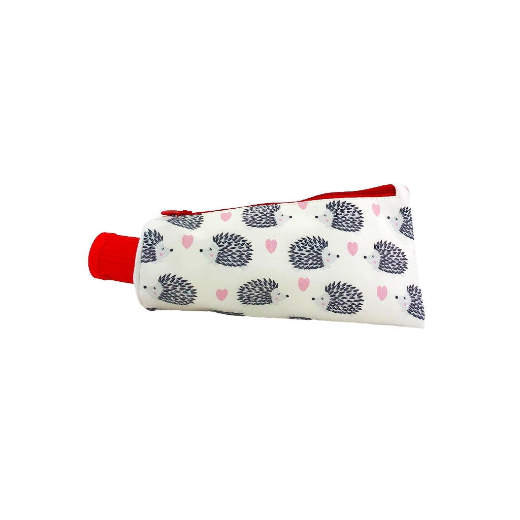Hedgehog Tube Pencil Case front on design. Pencil Case with one compartment and integrated pencil sharpener in the opening of the tube back view.