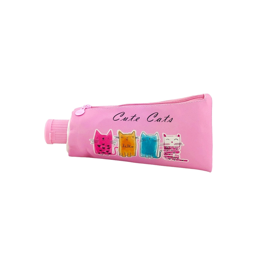 Cat Tube Pencil Case front on design. Pencil Case with one compartment and integrated pencil sharpener in the opening of the tube back view.