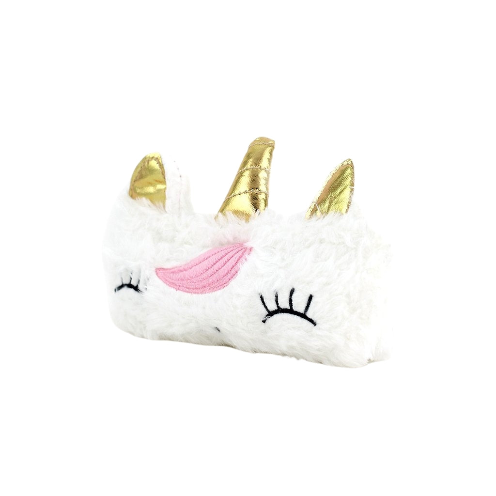 Snoozing white unicorn pencil case with one compartment and zip closure angled view