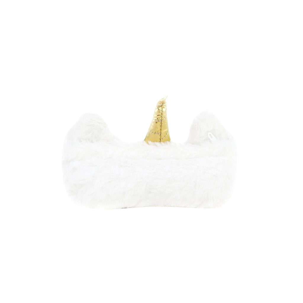Snoozing white unicorn pencil case with one compartment and zip closure back view