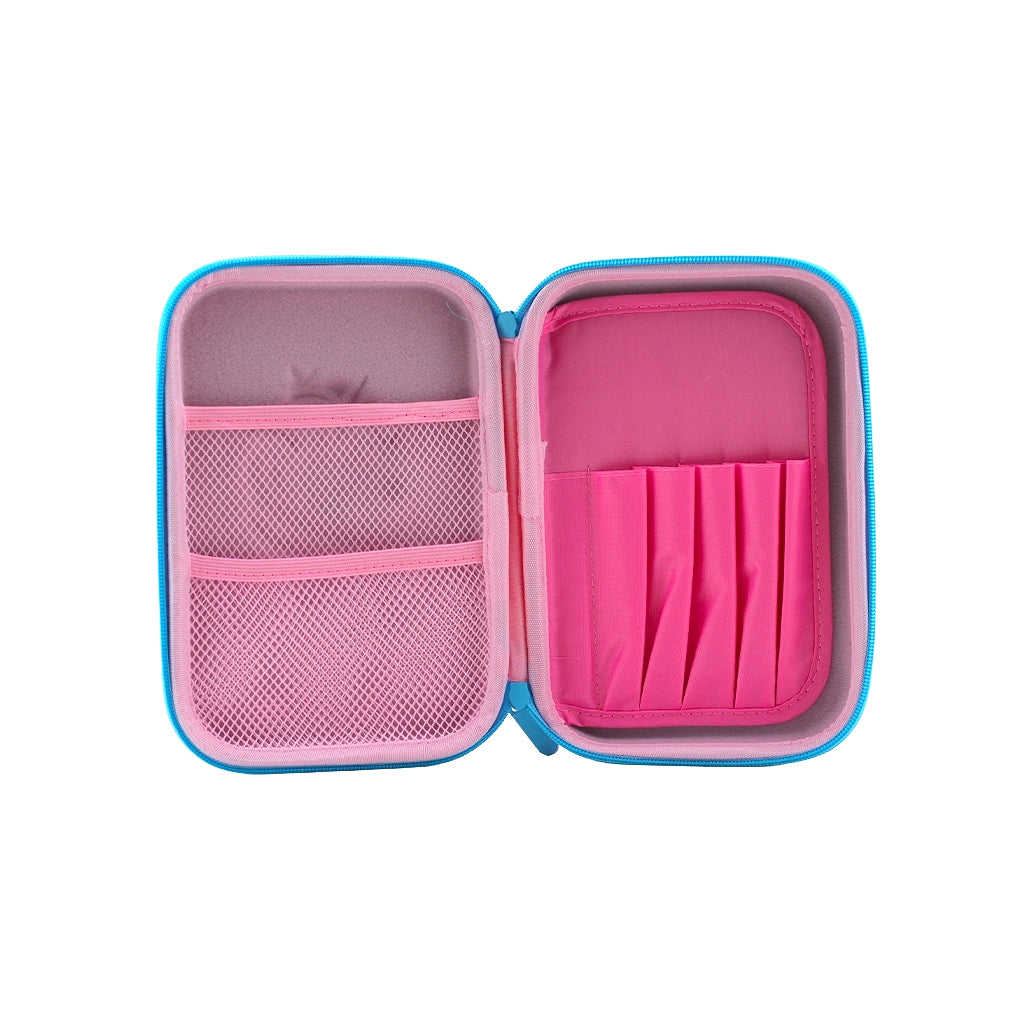 Hard top pencil case with 2 compartments, zip closure, pen holders and inner mesh pockets open view