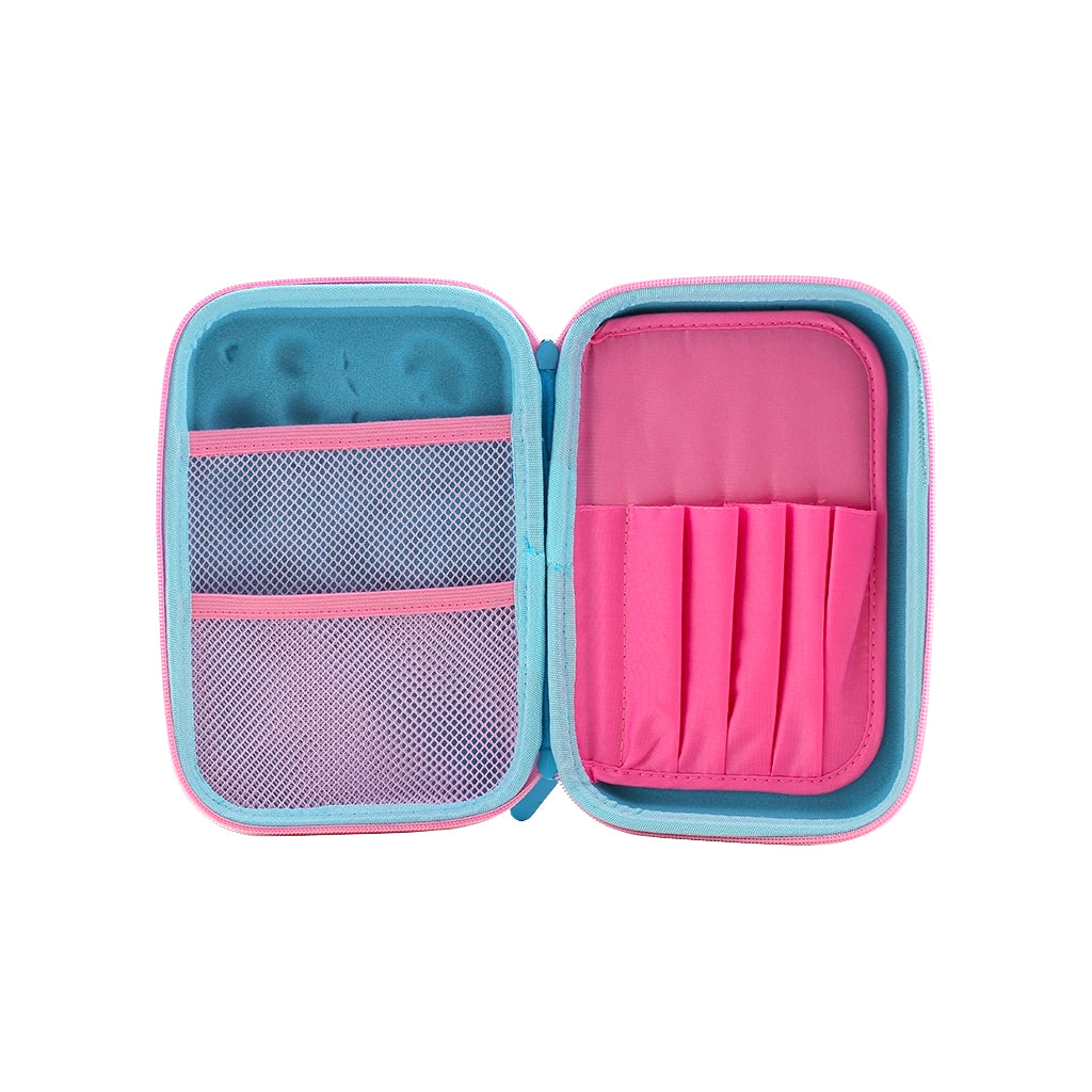 Hard top pencil case with 2 compartments, zip closure, pen holders and inner mesh pockets open view