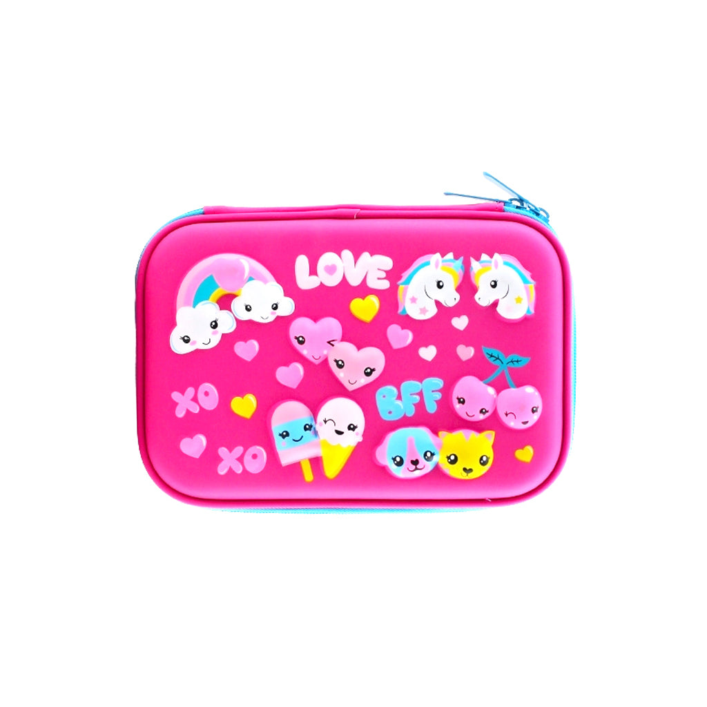 Hard top pencil case with 2 compartments, zip closure, pen holders and inner mesh pockets front view