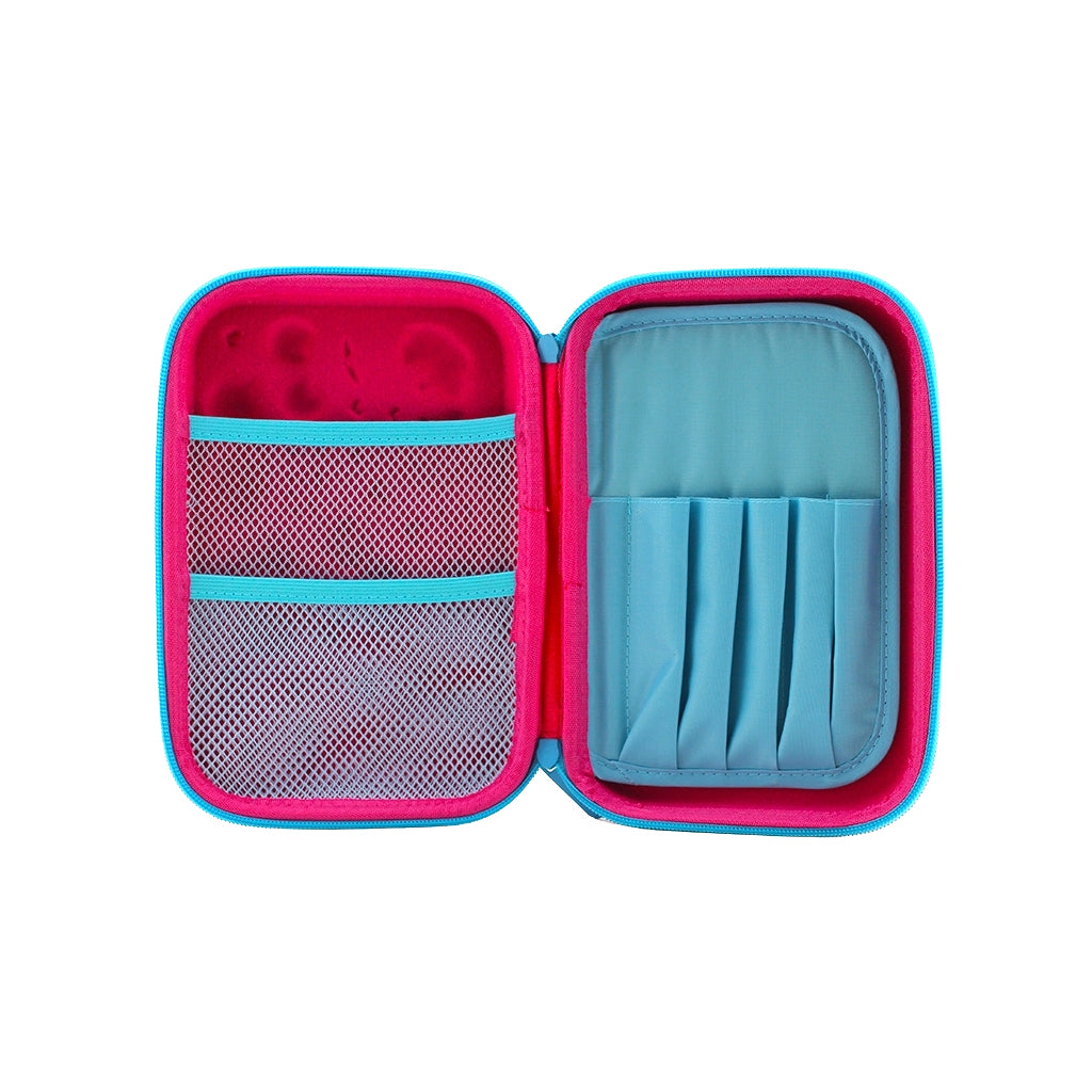 Hard top pencil case with 2 compartments, zip closure, pen holders and inner mesh pockets open view