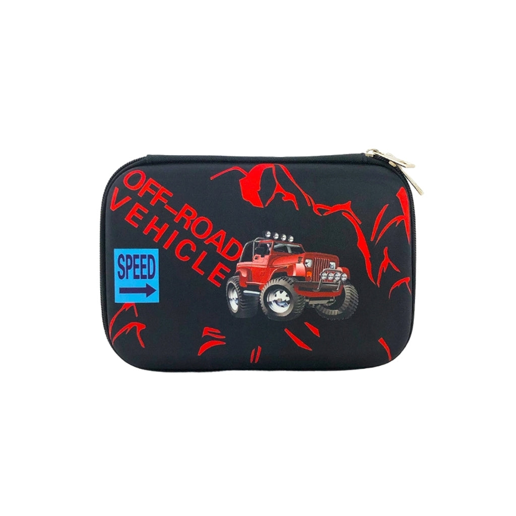 Hard top pencil case with 2 compartments, zip closure, pen holders and inner mesh pockets back view