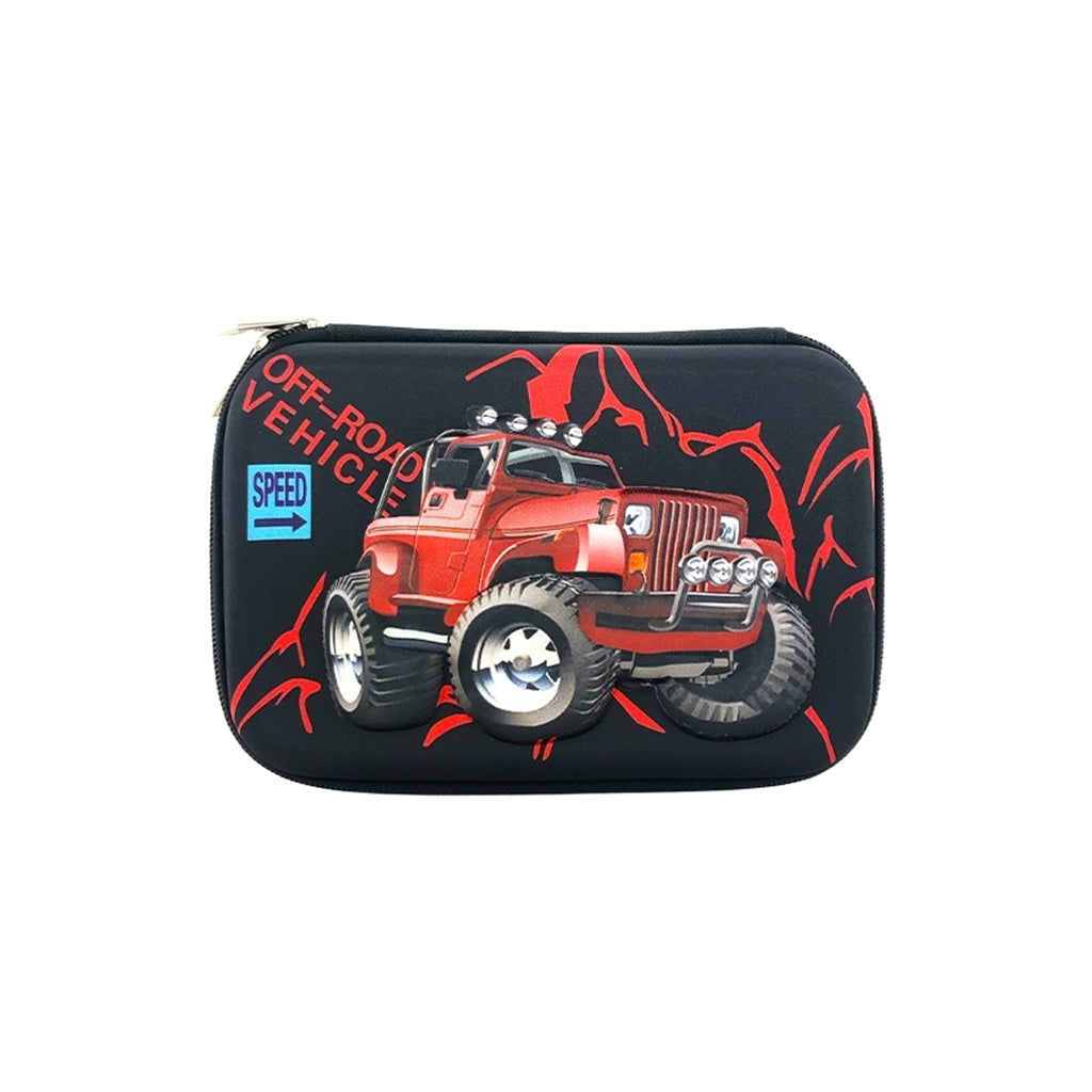 Hard top pencil case with 2 compartments, zip closure, pen holders and inner mesh pockets front view
