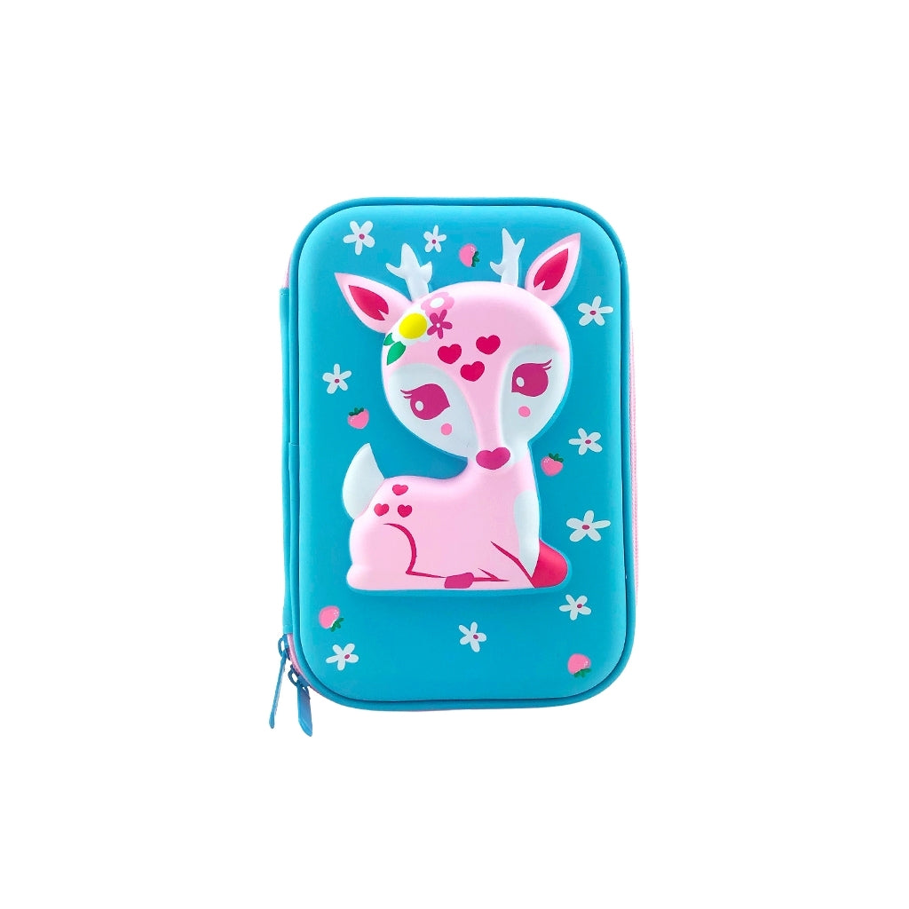 Hard top pencil case with 2 compartments, zip closure, pen holders and inner mesh pockets front view