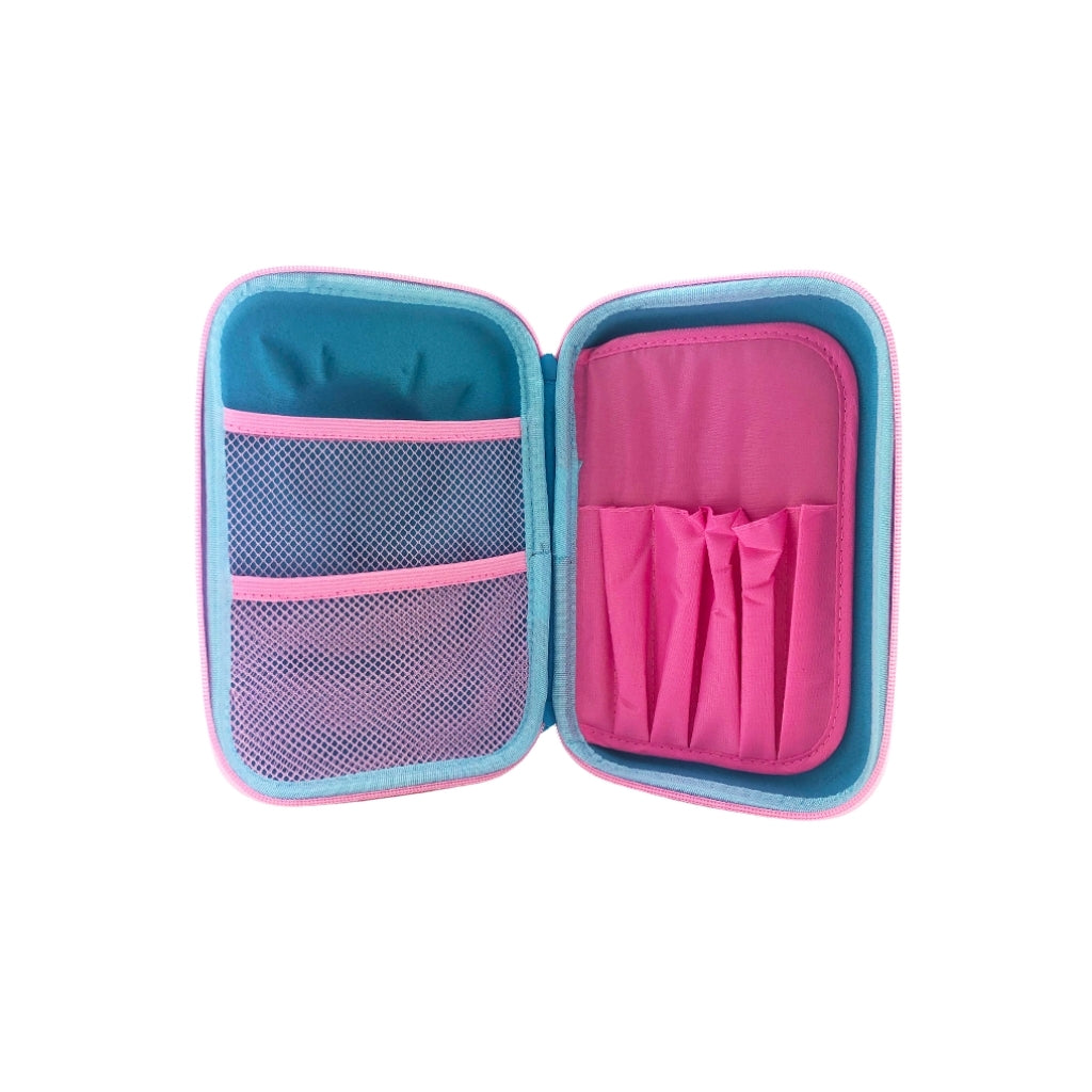 Hard top pencil case with 2 compartments, zip closure, pen holders and inner mesh pockets open view