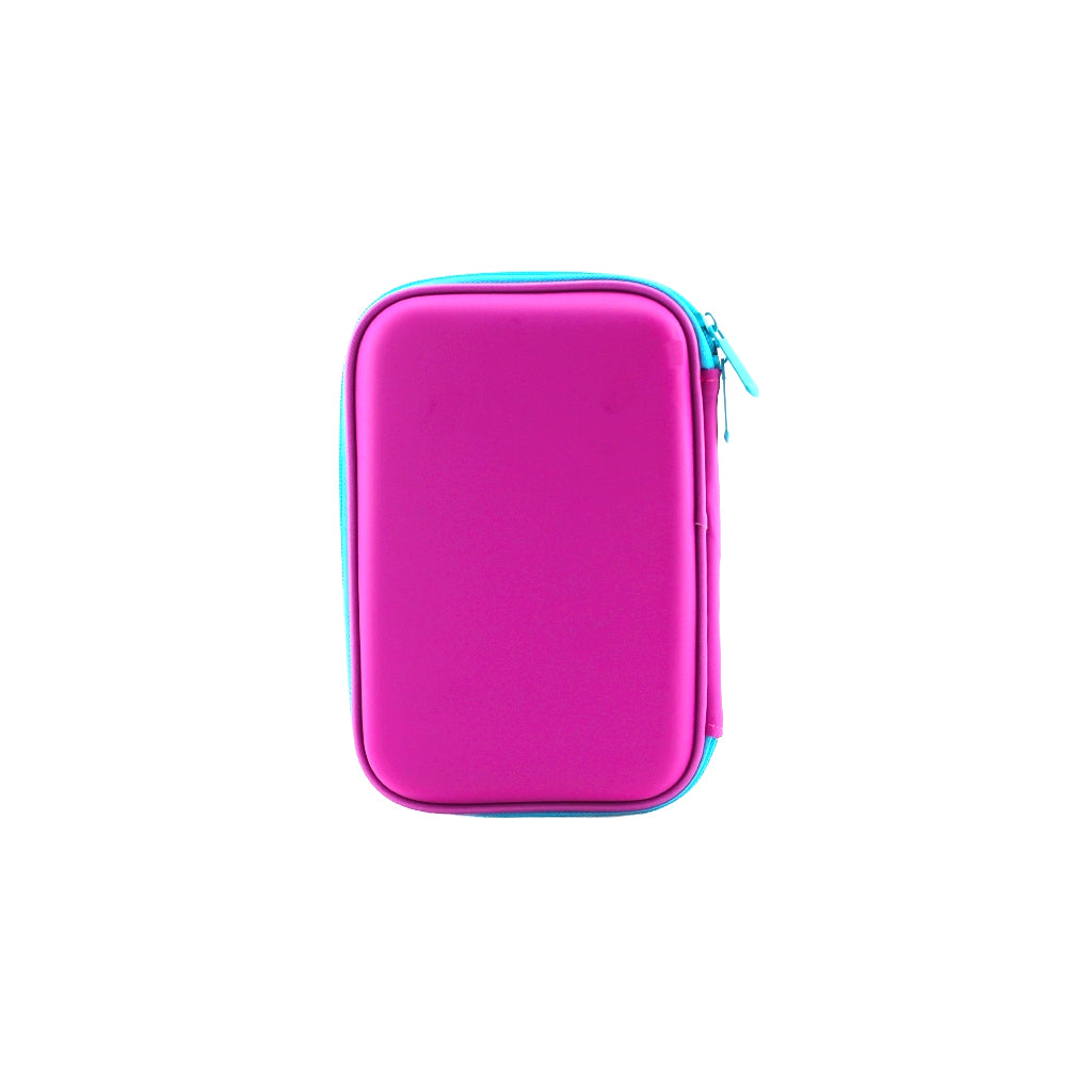 Purple hard top pencil case rainbow unicorn back view with zip closure.