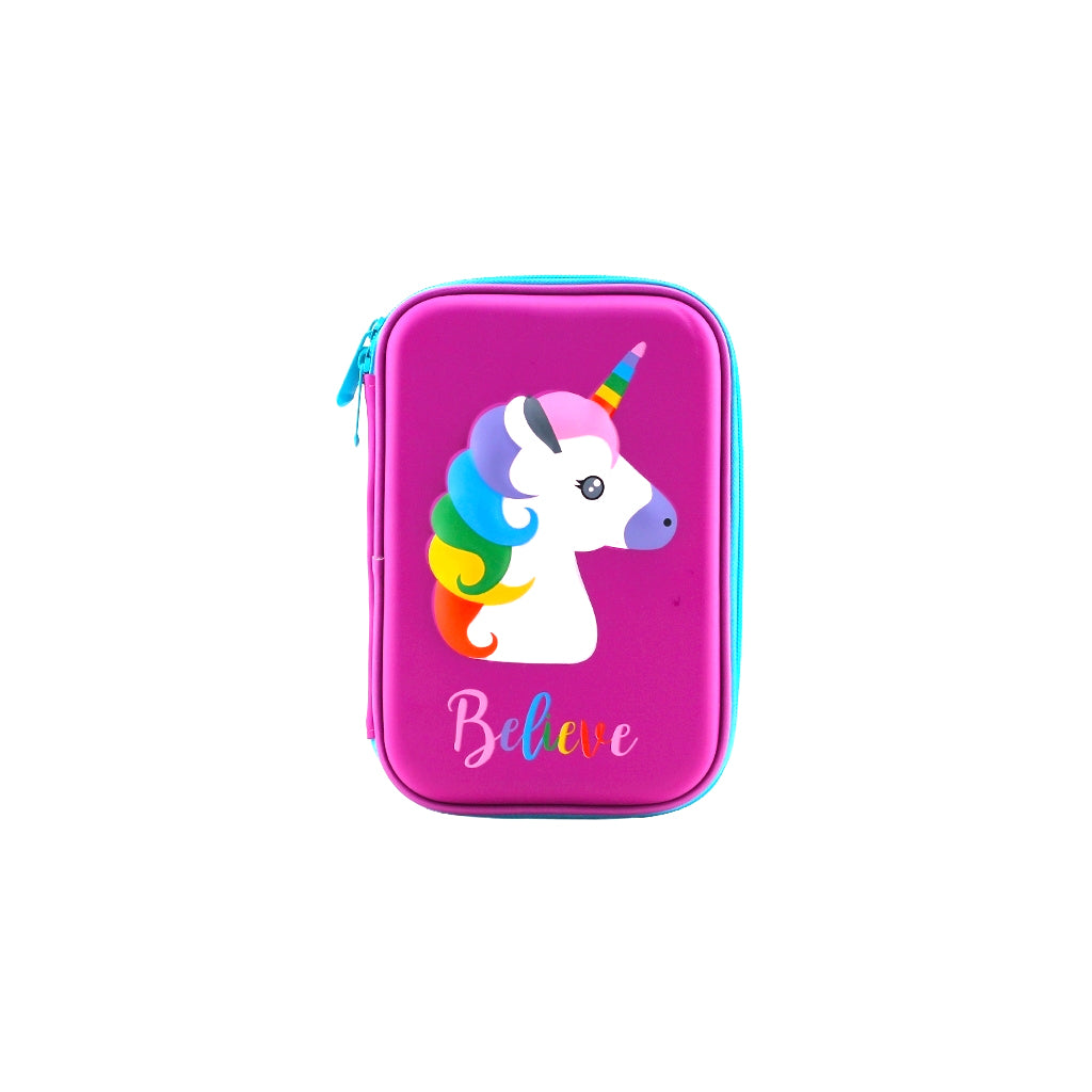 Purple hard top pencil case rainbow unicorn front view with zip closure.