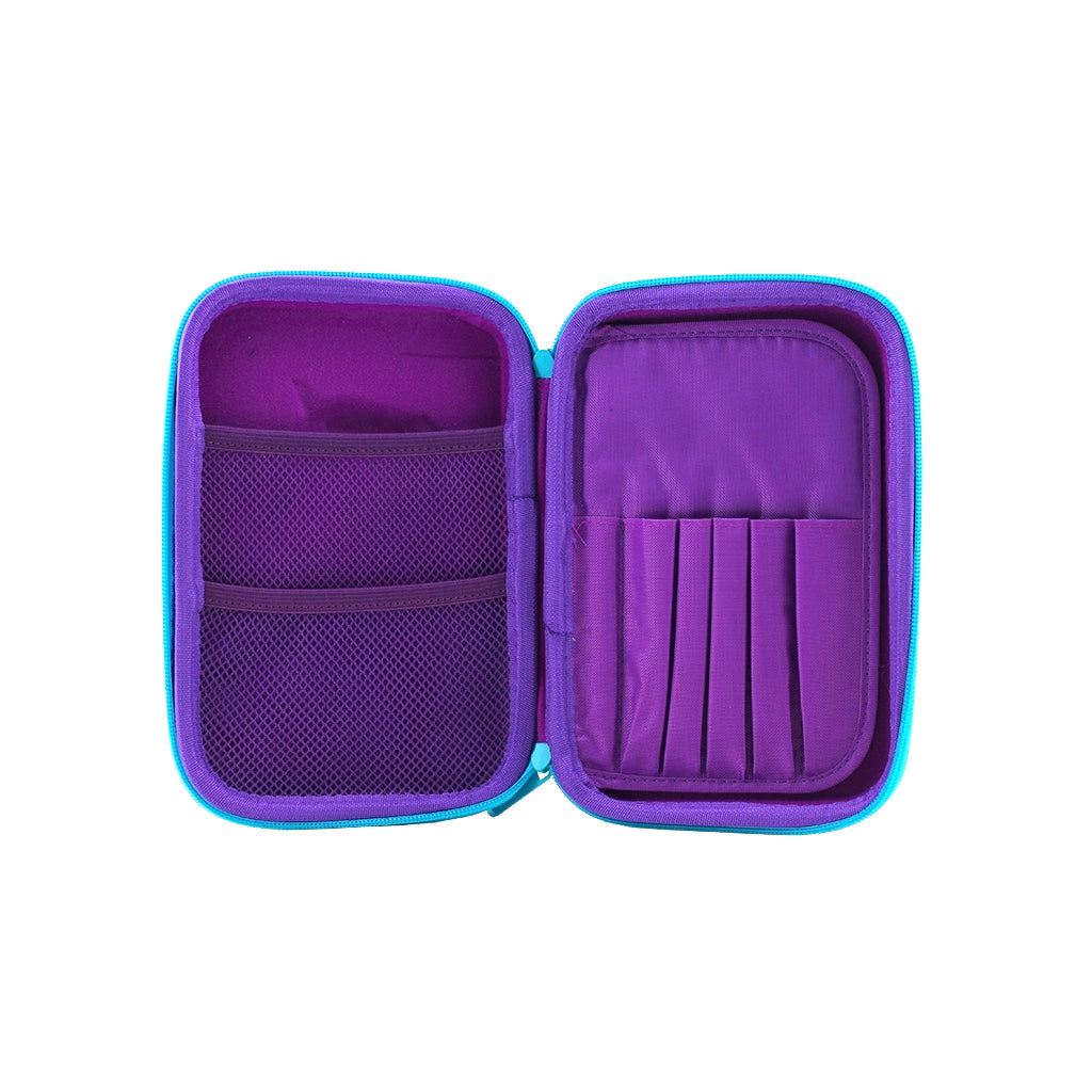 Purple hard top pencil case rainbow unicorn open with two compartments, mesh pocket and pencil holders with zip closure.