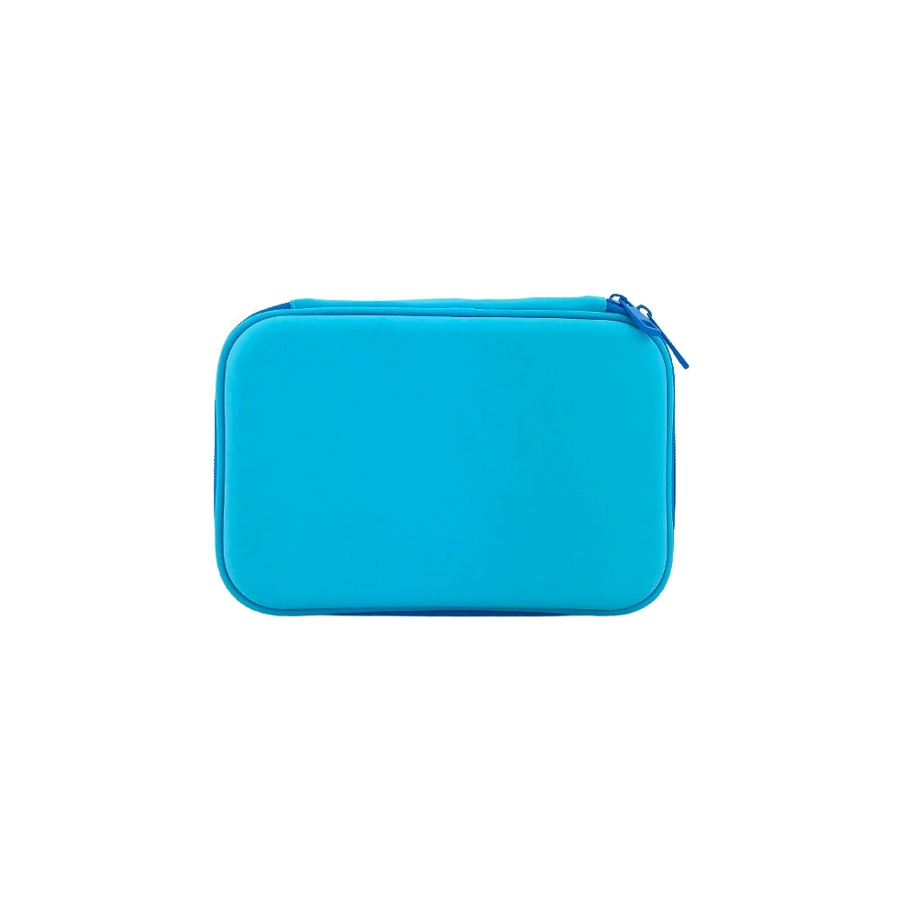 Sky blue hard top shark pencil case with zip closure back view
