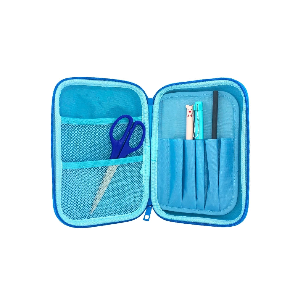 Sky blue hard top shark pencil case with zip closure open. The pencil case has 2 compartments with mesh pocket and pencil holders.