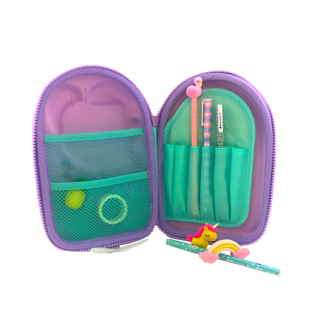 Hardtop mermaid pencil case open view with 2 compartment for stationary essentials