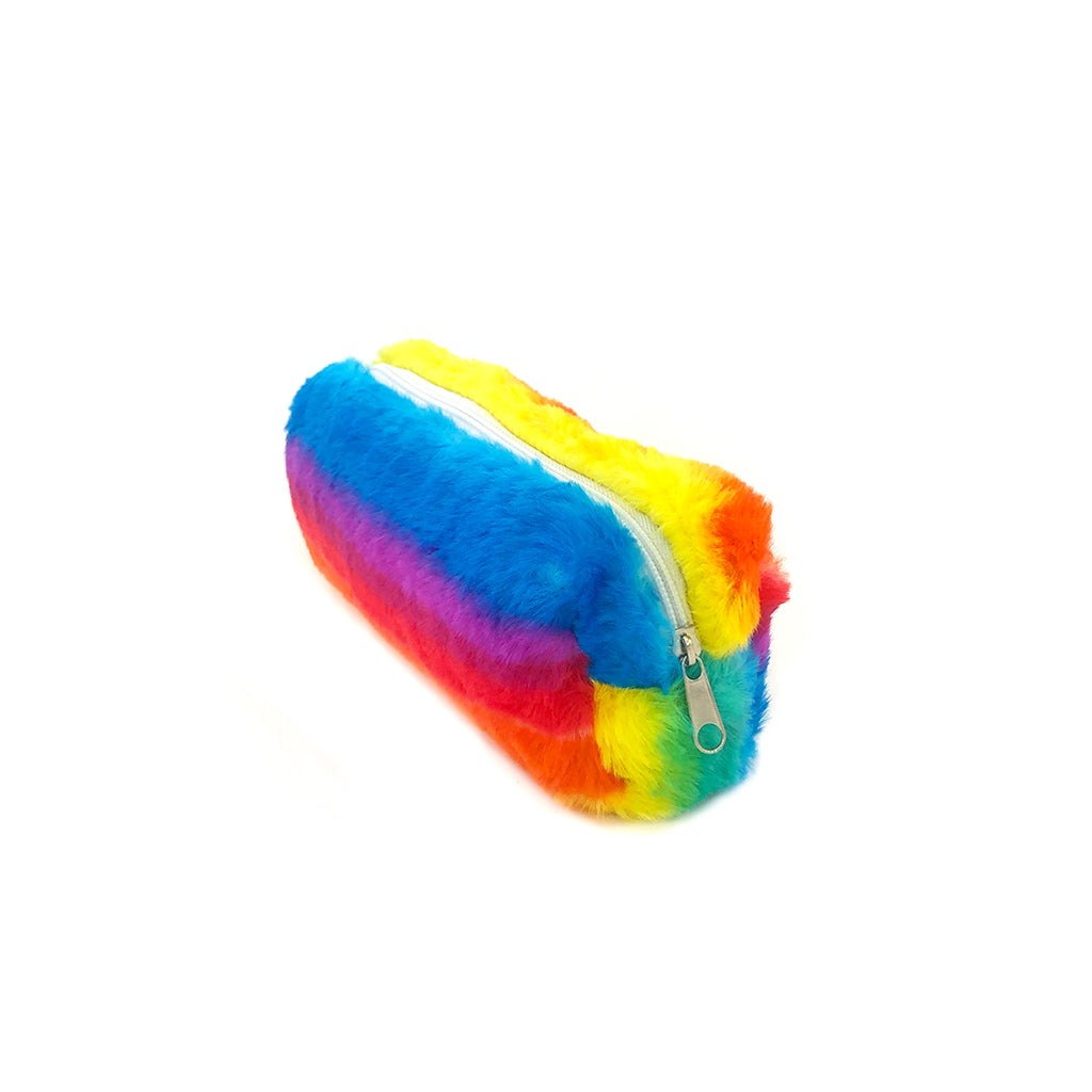 Fluffy rainbow pencil case zipper details. Angled view.