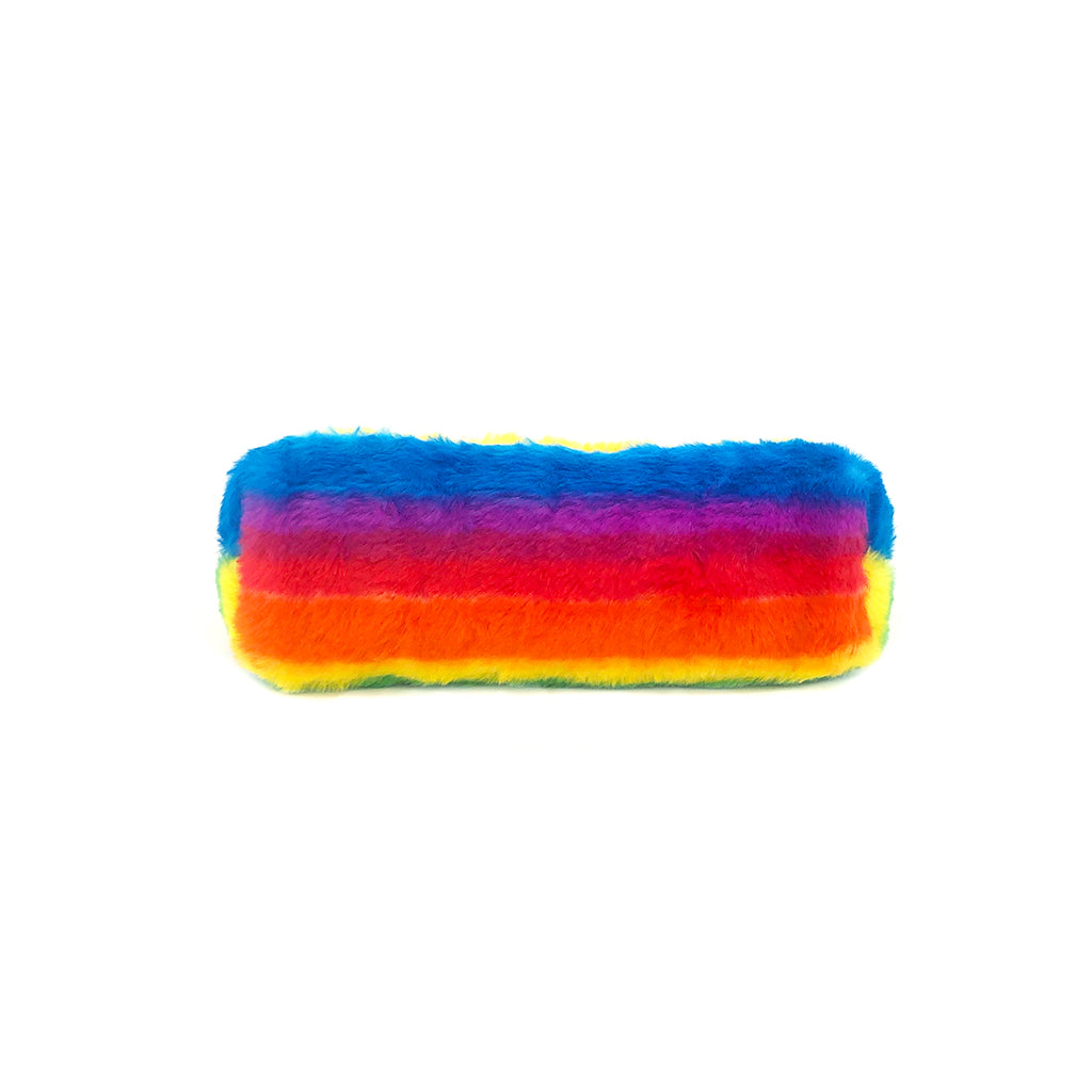 Fluffy rainbow pencil case front view.