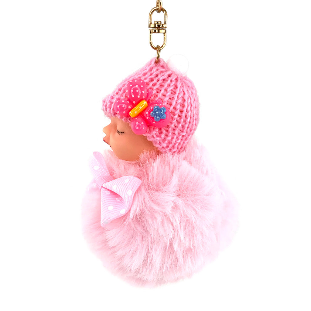 Pink Sleepy Baby Doll Pom Pom keyring with gold coloured hardware