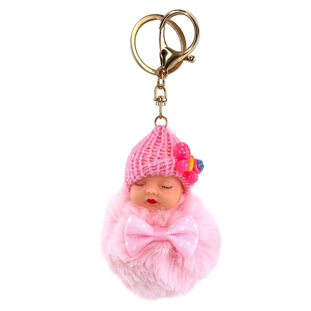 Pink Sleepy Baby Doll Pom Pom keyring with gold coloured hardware