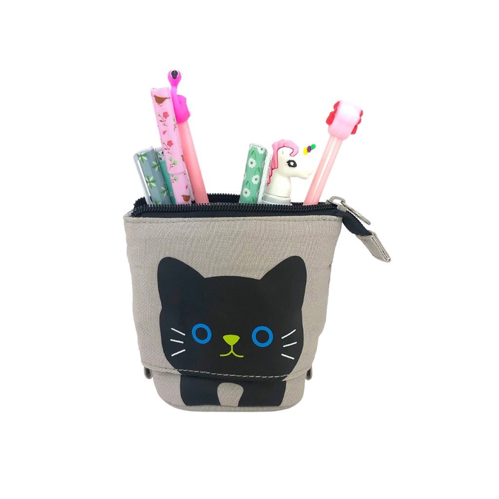 Pop Up Telescopic Pencil Case in warm grey with a cute black cat design. The pencil case is open displaying an assortment of pen.