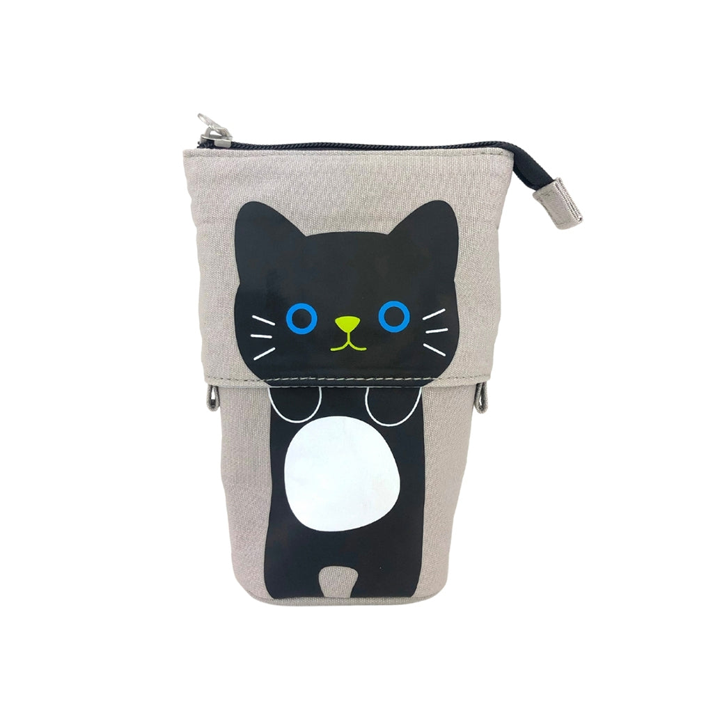 Pop Up Telescopic Pencil Case in warm grey with a cute black cat design. The pencil case is in the full length position showing the entire cats body.