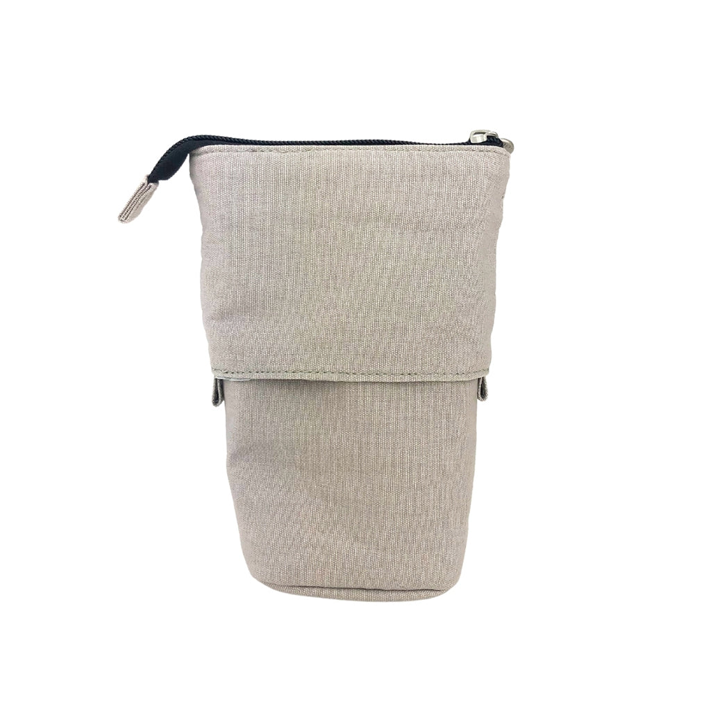Plain back view of a Pop Up Telescopic Pencil Case in warm grey. The pencil case is in the full length position and the zip is closed