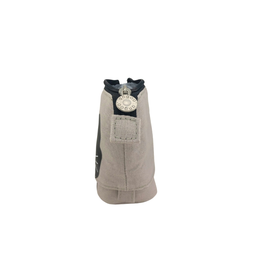 Side view of a Pop Up Telescopic Pencil Case in warm grey. The pencil case is in the down position and the zip is open