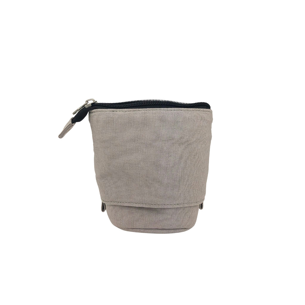 Back view of a Pop Up Telescopic Pencil Case in warm grey. The pencil case is in the down position and the zip is open