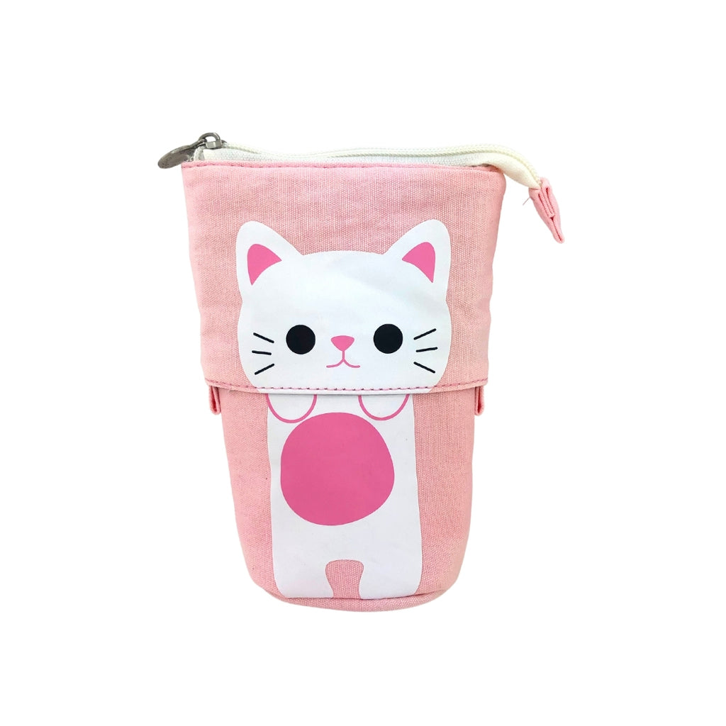Full front view of a Pop Up Telescopic Pencil Case in pink. The pencil case is in the up position and the zip is closed