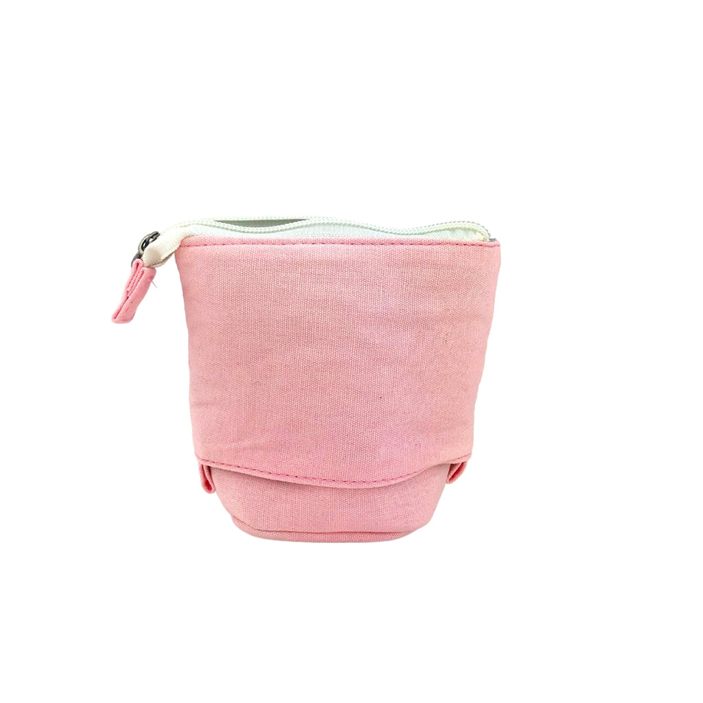 Back view of a Pop Up Telescopic Pencil Case in pink. The pencil case is in the down position and the zip is open
