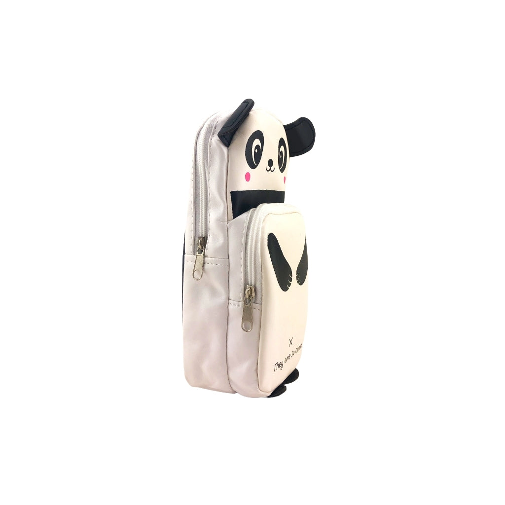 Panda Pencil Case with two compartments and zip closure angled view.