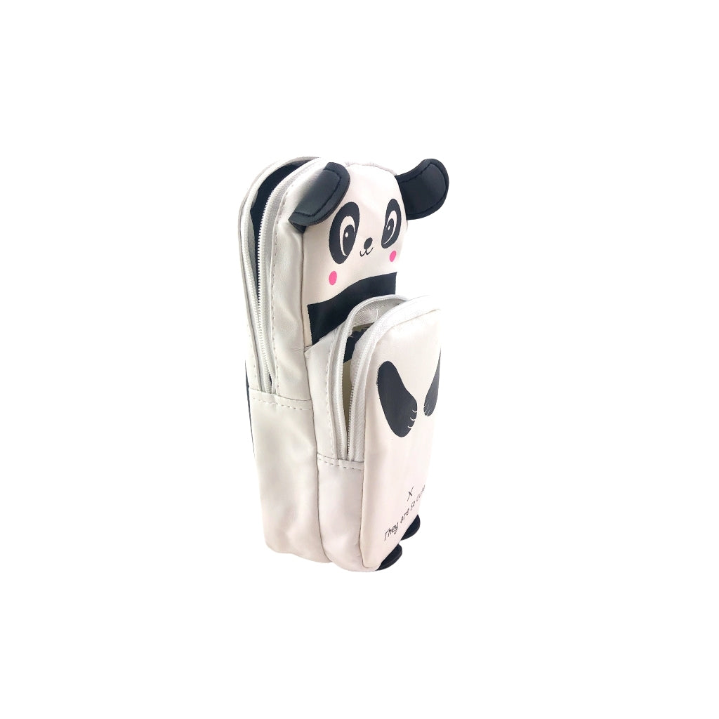 Panda Pencil Case with two compartments and zip closure angled open view.