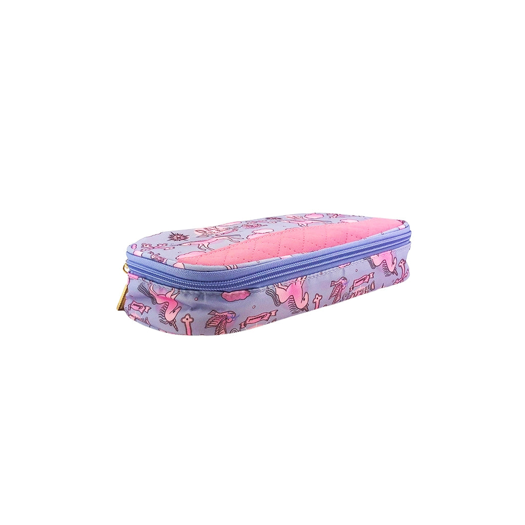 Unicorn Pencil Case with one big compartment and zip closure angled view
